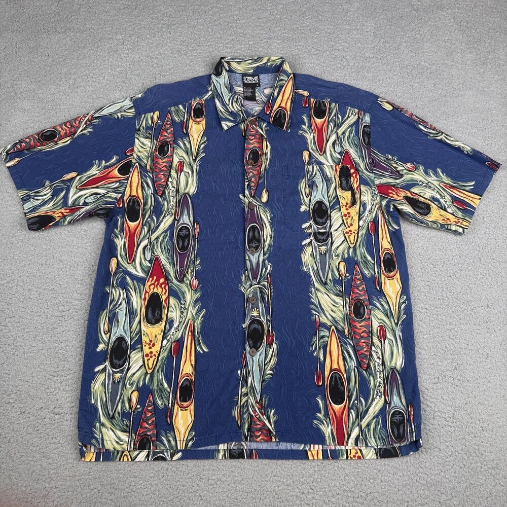 Teva Hawaiian Shirt Mens Large Blue Kayak Print Paddle River Life Aloha Camp